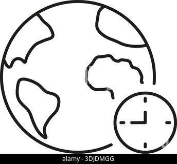 World Globe With Clock Line Icon. Global Time Management, International Scheduling, And Time Zone Awareness Outline Symbol. Worldwide Coordination Stock Vector