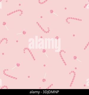 Cute pink candy cane and lollipop seamless pattern. Soft pastel vector background for Christmas, Valentine, gift wrapping, fabric prints, and kids roo Stock Vector