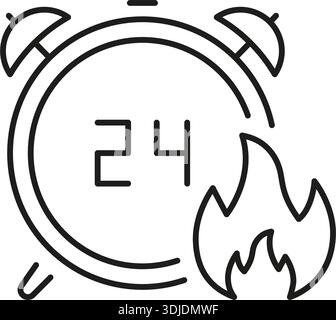 24-Hour Timer With Fire Solid Icon. Time Management, Urgency, And Deadline Pressure Silhouette Symbol. Productivity And Efficiency. Editable Stroke Stock Vector