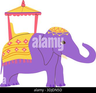 Indian elephant. Cartoon vector illustration isolated. An elephant with a palanquin is a decoratively decorated animal for travel, parades and festiva Stock Vector