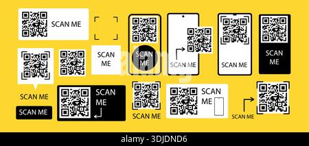 Scan me. QR code icon frame set for mobile and web. Black and white vector borders for scanner screens, app buttons, and digital mockups on yellow bac Stock Vector