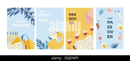 Happy Passover spring holiday cards set. Templates for posters of Jewish holiday of Exodus of Eqypt. Cartoon flat illustrations in minimalist style. Stock Vector