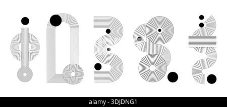 Abstract zen arch collection of geometric arcs and waves, black circles shapes. Simple line design with rainbow motifs in nordic and mid century style Stock Vector