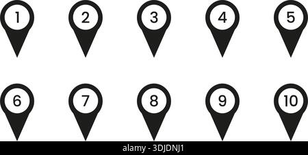 Black Numbered Location Pin Solid Icon Set. Sequential Map Marker Silhouette Symbol Collection. Navigation, Geolocation, And Wayfinding Design Stock Vector