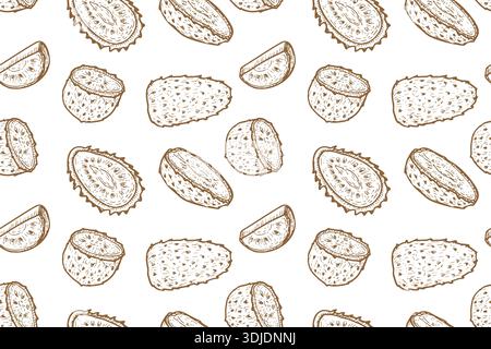 Soursop guanabana fruit seamless pattern. Graviola in linear vintage style. Engraving tropical fruit background. Can used for textile, wrapping, fabri Stock Vector