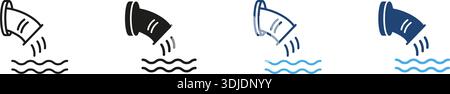 Water Pipe Discharge Line And Solid Icon Set. Wastewater Management And Environmental Impact Outline And Silhouette Symbol Collection. Pollution And Stock Vector