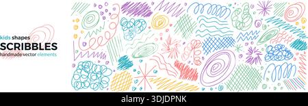 Abstract colorful scribble collection with messy pen strokes and doodle textures. Hand-drawn chaotic lines, circles, spontaneous scribble create expre Stock Vector