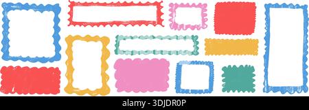 Cute rectangle frames and text boxes in grunge crayon. Square borders featuring squiggly scalloped edges, ideal for stickers and fun graphic design. V Stock Vector