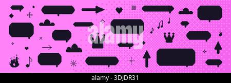 Pixel dialogue boxes silhouette blank. 8 bit y2k speech bubbles set. Game pixel art chat text boxes with crown, music note, arrows. Vector talk frames Stock Vector