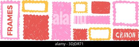 Handmade whimsical scalloped geometric frames, text boxes. Wavy crayon fun rectangles. Square frame with wiggle edges. Pastel quote box hand-drawn tex Stock Vector