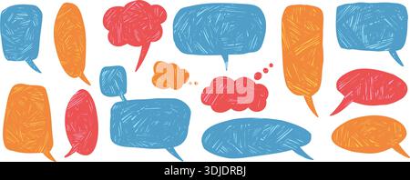 Crayon-textured speech balloons set. Hand-drawn bubbles frame for comic dialogue. Chalk or pastel funky doodle with rough texture. Cute blue, red and Stock Vector