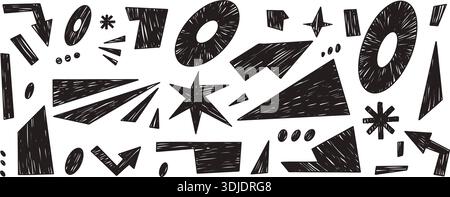 Hand-drawn chalk texture abstract geometric shapes. Charcoal or ink brush black cosmos geometry figures, arrows, triangles, oval. Playful doodle stick Stock Vector
