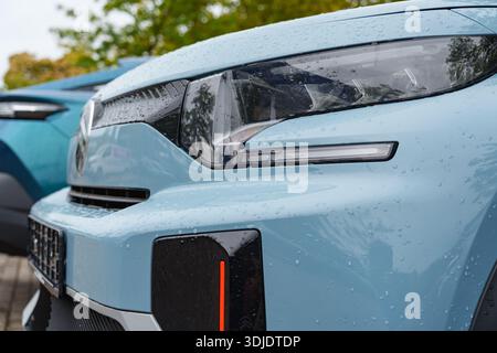 Close up view of light blue Citroën C3 Aircross SUV parked outside the dealership building Stock Photo