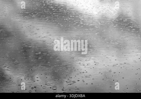 Black and white close-up of raindrops hitting water and forming circular ripples on the surface, creating a moody abstract rainy background Stock Photo