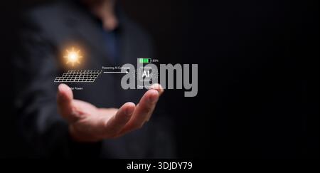Solar powered AI concept. Business man holding powering panel and artificial intelligence chip using clean energy from the sun to drive sustainable co Stock Photo