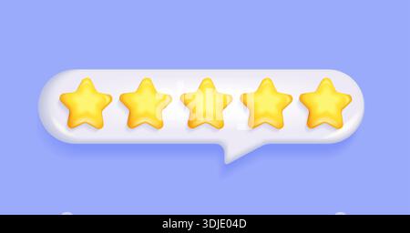 3d Five stars rating in text speech bubble. Positive 5 star customer product rating review for apps and websites. Quality, feedback. Five elements for awards, rating designation, hotels status. Vector Stock Vector