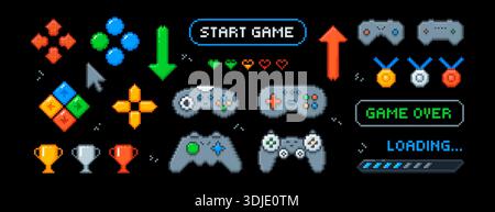 Vector set of pixel art arcade ui buttons, arrows, joystick, progress bar, trophies and awards in 8bit retro style. Video console, interface menu icons, game over text. Pixelated heart, medal, gamepad Stock Vector