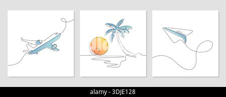Vector doodle continuous one line art drawing of paper plane, airplane, island with palm tree, sun, sea. Minimal linear travel silhouettes. Single outline vacation icons, flying aircraft in sky poster Stock Vector
