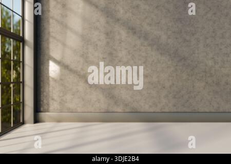 Sunlight streams through large windows, casting shadows on a textured wall and floor in an empty room. 3d rendering Stock Photo