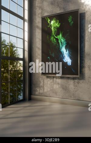 A framed abstract artwork with green and blue flames displayed in a bright, modern gallery. 3d rendering Stock Photo