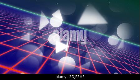 Glowing red neon grid plane stretching toward green horizon in virtual scene with floating circles Stock Photo