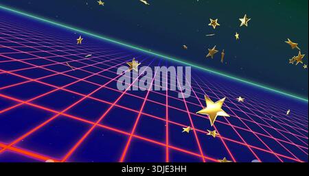 Floating large gold 3D star hovering over neon magenta grid plane, neon green horizon, copy space Stock Photo