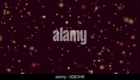 Glittering gold five-point star confetti floating on burgundy backdrop, with warm bokeh lights Stock Photo