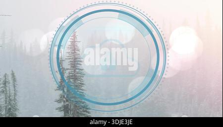 Displaying blue concentric rings overlaying foggy forest, with cloud lock icon and bokeh lights Stock Photo
