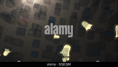 Floating translucent yellow notification bells hovering over dark keycap grid, showing soft halos Stock Photo