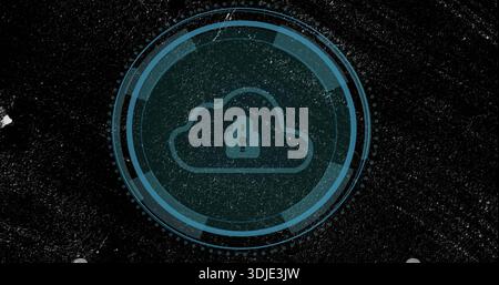 Displaying teal HUD floating on dark grit field, with cloud padlock and rings, left scuff Stock Photo