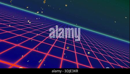 Glowing neon grid plane receding toward bright cyan horizon in synthwave landscape, with gold stars Stock Photo