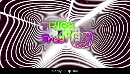 Glowing neon TRICK or Treat text and jack-o'-lantern in digital tunnel, showing central glow Stock Photo