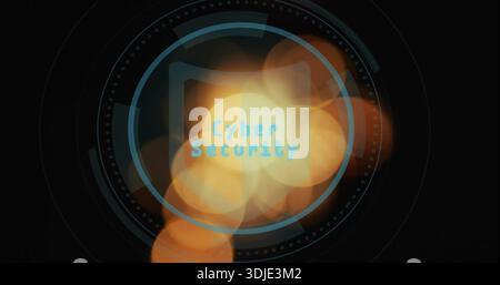 Displaying centered translucent HUD graphic on dark canvas, showing Cyber Security text and padlock Stock Photo