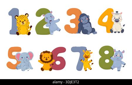 Set of cute African animals and numbers. Elephant, a rhinoceros, a hippopotamus, a gorilla, a giraffe, a zebra, a lion, and a leopard. Vector illustra Stock Vector