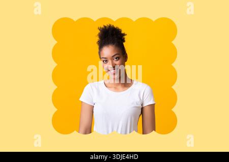 Woman Smiles in Front of a Bright Yellow Background in a Creative Collage Style Stock Photo