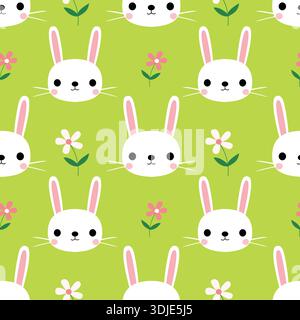 Cute seamless pattern with bunnies and flowers on green background for Easter and spring, for textile and paper Stock Vector
