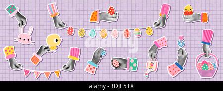 Cute fun vector Easter set halftone collage hands, eggs, buntings, flower, bunny, chicken, basket, spring illustration design Stock Vector