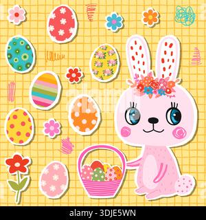 Cute vector greeting card with pink bunny holding a basket with Easter eggs, Kawaii floral design for kids and babies Stock Vector