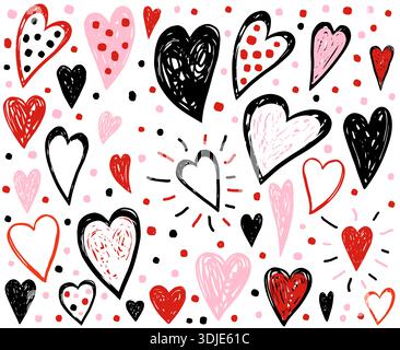 Hand drawn vector doodle heart shapes, outlines and dots in red, pink and black color, cute abstract painted hearts composition Stock Vector
