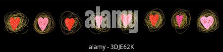 Gold tangled messy ball shapes with pink and red hearts, Luxury graphic design elements for greeting cards and backgrounds Stock Vector