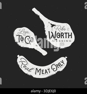 Barbecue set grilled meat chicken ribs steak and sausage illustration drawing in monochrome vintage sketch style on black background Stock Vector