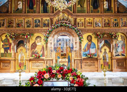 Samara, Russia - April 20, 2025: Interior Church of the Resurrection in the Holy Resurrection Monastery. Paschal Artos (Easter bread) in front of open Stock Photo