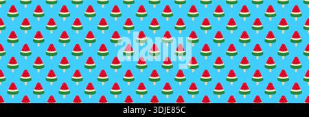 horizontal seamless red watermelon ice cream pattern on blue background. Stock Vector