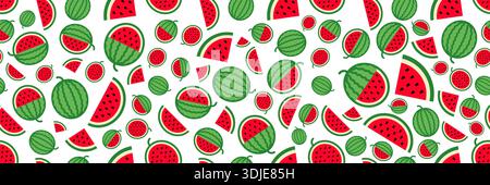horizontal seamless sliced red watermelon pattern on white. Stock Vector