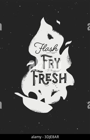 Pan fire illustration with lettering flash fry fresh drawing in monochrome vintage sketch style on black background Stock Vector