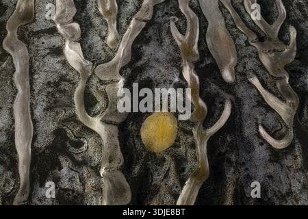 Aerial view of an abstract landscape featuring intricate patterns and a single yellow oval shape, creating a captivating contrast, Villamayor de Gálle Stock Photo