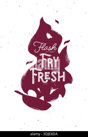 Pan fire illustration with lettering flash fry fresh drawing in vintage sketch style with red on light background Stock Vector