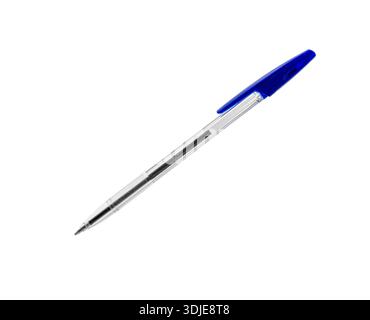 Pen isolated on white. Ballpoint pen with blue cap and transparent body Stock Photo