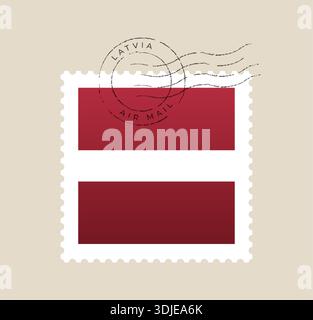 Vintage postage stamp featuring the Latvian flag with a distressed air mail cancellation postmark for travel concepts.. Stock Vector