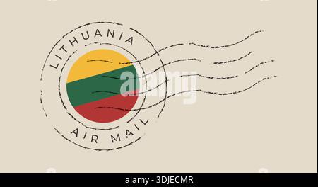 Lithuania air mail stamp featuring the national flag in a grunge postmark, a vintage vector for travel.. Stock Vector